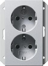 Gira 273126 SCHUKO-Doppelsteckdose 16 A 250 V~ mit integriertem erhöhten Berührungsschutz (Shutter) und Symbol  für Unterputz-Gerätedose 1fach, System 55, Aluminium